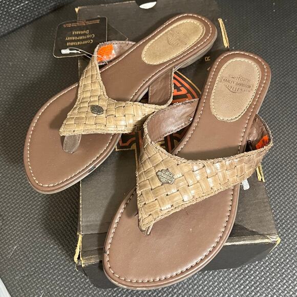 Harley Davidson Womens Flip Flo Sandals Leather Brown Woven Biker Boho Size 5 - Picture 1 of 8